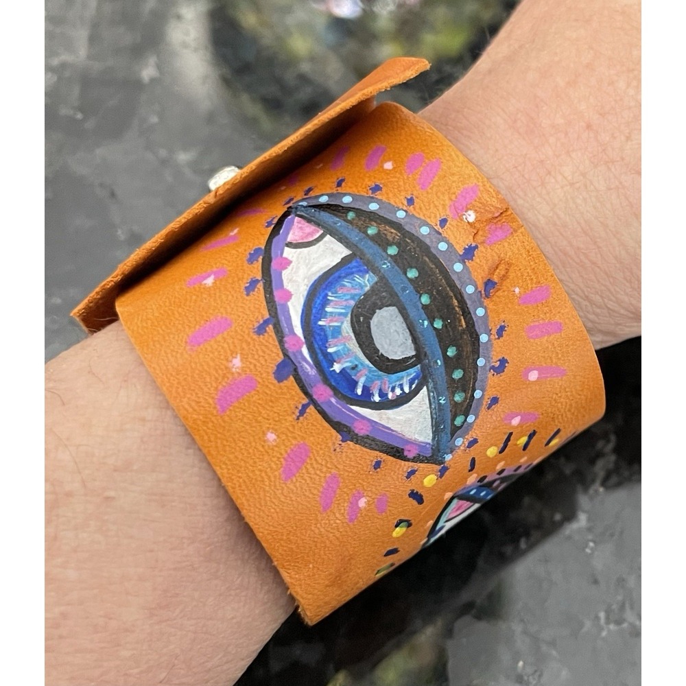 Hand Painted Leather Cuff Bracelet Eye Anna Dray Original Up Cycled Creations